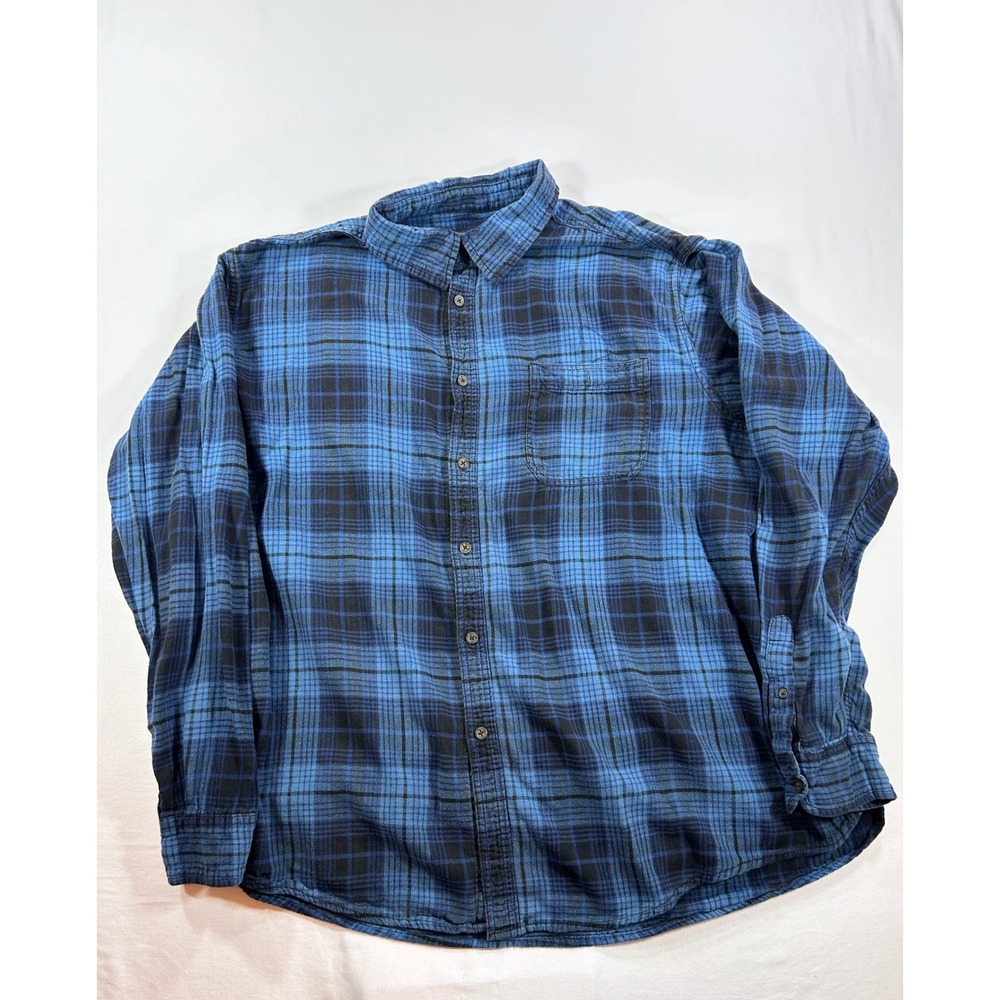Faded Glory Mens 3XL Blue Black Plaid Flannel Shirt Long Sleeve Cotton Button Up